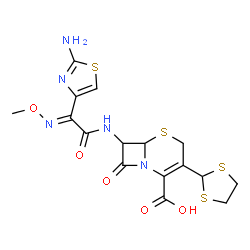 ChemSpider 2D Image | 7-{[(2E)-2-(2-Amino-1,3-thiazol-4-yl)-2-(methoxyimino)acetyl]amino}-3-(1,3-dithiolan-2-yl)-8-oxo-5-thia-1-azabicyclo[4.2.0]oct-2-ene-2-carboxylic acid | C16H17N5O5S4