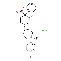 ChemSpider 2D Image | 1-[cis-4-Cyano-4-(4-fluorophenyl)cyclohexyl]-3-methyl-4-phenyl-4-piperidinecarboxylic acid hydrochloride (1:1) | C26H30ClFN2O2
