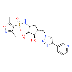 ChemSpider 2D Image | N-[(1R,2S,3R,4R)-2,3-Dihydroxy-4-{[4-(3-pyridinyl)-1H-1,2,3-triazol-1-yl]methyl}cyclopentyl]-3,5-dimethyl-1,2-oxazole-4-sulfonamide | C18H22N6O5S