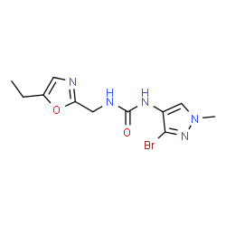ChemSpider 2D Image | 1-(3-Bromo-1-methyl-1H-pyrazol-4-yl)-3-[(5-ethyl-1,3-oxazol-2-yl)methyl]urea | C11H14BrN5O2