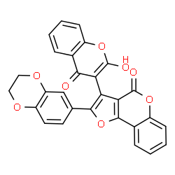 ChemSpider 2D Image | 2-(2,3-Dihydro-1,4-benzodioxin-6-yl)-3-(2-hydroxy-4-oxo-4H-chromen-3-yl)-4H-furo[3,2-c]chromen-4-one | C28H16O8