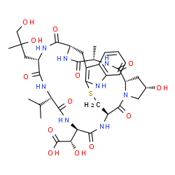 ChemSpider 2D Image | (2S)-[(1S,14R,18S,20S,23S,28S,31S,34R)-28-(2,3-Dihydroxy-2-methylpropyl)-18-hydroxy-31-isopropyl-23-methyl-15,21,24,26,29,32,35-heptaoxo-12-thia-10,16,22,25,27,30,33,36-octaazapentacyclo[12.11.11.0~3,
11~.0~4,9~.0~16,20~]hexatriaconta-3(11),4,6,8-tetraen-34-yl](hydroxy)acetic acid | C37H50N8O13S