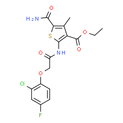 ChemSpider 2D Image | Ethyl 5-carbamoyl-2-{[(2-chloro-4-fluorophenoxy)acetyl]amino}-4-methyl-3-thiophenecarboxylate | C17H16ClFN2O5S