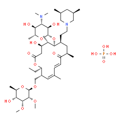 ChemSpider 2D Image | [(2R,3R,4Z,6E,9R,11R,12S,13S,14R)-12-{[3,6-Dideoxy-3-(dimethylamino)-beta-D-glucopyranosyl]oxy}-11-{2-[(3R,5S)-3,5-dimethyl-1-piperidinyl]ethyl}-2-ethyl-14-hydroxy-5,9,13-trimethyl-8,16-dioxooxacycloh
exadeca-4,6-dien-3-yl]methyl 6-deoxy-2,3-di-O-methyl-beta-D-allopyranoside phosphate (1:1) | C46H83N2O17P