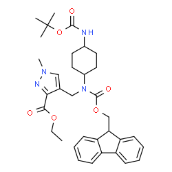 ChemSpider 2D Image | Ethyl 4-({[(9H-fluoren-9-ylmethoxy)carbonyl][4-({[(2-methyl-2-propanyl)oxy]carbonyl}amino)cyclohexyl]amino}methyl)-1-methyl-1H-pyrazole-3-carboxylate | C34H42N4O6