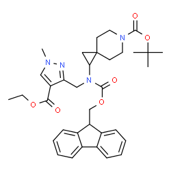 ChemSpider 2D Image | 2-Methyl-2-propanyl 1-({[4-(ethoxycarbonyl)-1-methyl-1H-pyrazol-3-yl]methyl}[(9H-fluoren-9-ylmethoxy)carbonyl]amino)-6-azaspiro[2.5]octane-6-carboxylate | C35H42N4O6