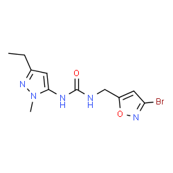 ChemSpider 2D Image | 1-[(3-Bromo-1,2-oxazol-5-yl)methyl]-3-(3-ethyl-1-methyl-1H-pyrazol-5-yl)urea | C11H14BrN5O2