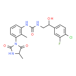 ChemSpider 2D Image | 1-[2-(4-Chloro-3-fluorophenyl)-2-hydroxyethyl]-3-[2-methyl-3-(4-methyl-2,5-dioxo-1-imidazolidinyl)phenyl]urea | C20H20ClFN4O4