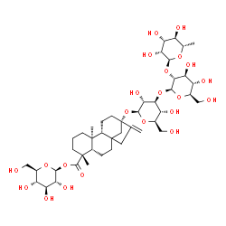 ChemSpider 2D Image | 1-O-[(5beta,9beta,10alpha,13alpha)-13-{[6-Deoxy-alpha-L-mannopyranosyl-(1->2)-beta-D-glucopyranosyl-(1->3)-beta-D-glucopyranosyl]oxy}-18-oxokaur-16-en-18-yl]-beta-D-glucopyranose | C44H70O22