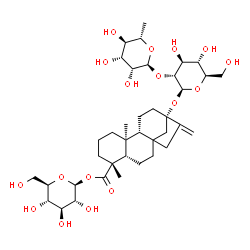 ChemSpider 2D Image | 1-O-[(5beta,9beta,10alpha,13alpha)-13-{[2-O-(6-Deoxy-alpha-L-mannopyranosyl)-beta-D-glucopyranosyl]oxy}-18-oxokaur-16-en-18-yl]-beta-D-glucopyranose | C38H60O17
