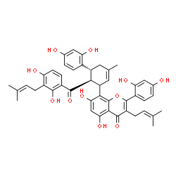 ChemSpider 2D Image | 8-[(5R,6S)-6-[2,4-Dihydroxy-3-(3-methyl-2-buten-1-yl)benzoyl]-5-(2,4-dihydroxyphenyl)-3-methyl-2-cyclohexen-1-yl]-2-(2,4-dihydroxyphenyl)-5,7-dihydroxy-3-(3-methyl-2-buten-1-yl)-4H-chromen-4-one | C45H44O11