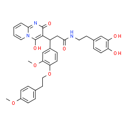 ChemSpider 2D Image | N-[2-(3,4-Dihydroxyphenyl)ethyl]-3-(4-hydroxy-2-oxo-2H-pyrido[1,2-a]pyrimidin-3-yl)-3-{3-methoxy-4-[2-(4-methoxyphenyl)ethoxy]phenyl}propanamide | C35H35N3O8