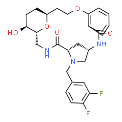 ChemSpider 2D Image | (1R,5S,8S,20S,23S)-6-(3,4-Difluorobenzyl)-23-hydroxy-17,24-dioxa-3,6,9-triazatetracyclo[18.3.1.1~5,8~.0~11,16~]pentacosa-11,13,15-triene-4,10-dione | C27H31F2N3O5