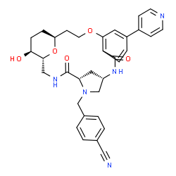 ChemSpider 2D Image | 4-{[(1R,5S,8S,20S,23S)-23-Hydroxy-4,10-dioxo-14-(4-pyridinyl)-17,24-dioxa-3,6,9-triazatetracyclo[18.3.1.1~5,8~.0~11,16~]pentacosa-11,13,15-trien-6-yl]methyl}benzonitrile | C33H35N5O5