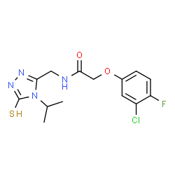 ChemSpider 2D Image | 2-(3-Chloro-4-fluorophenoxy)-N-[(4-isopropyl-5-sulfanyl-4H-1,2,4-triazol-3-yl)methyl]acetamide | C14H16ClFN4O2S