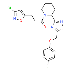 ChemSpider 2D Image | 3-(3-Chloro-1,2-oxazol-5-yl)-1-(2-{5-[(4-fluorophenoxy)methyl]-1,2,4-oxadiazol-3-yl}-1-piperidinyl)-1-propanone | C20H20ClFN4O4