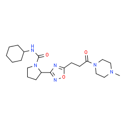 ChemSpider 2D Image | N-Cyclohexyl-2-{5-[3-(4-methyl-1-piperazinyl)-3-oxopropyl]-1,2,4-oxadiazol-3-yl}-1-pyrrolidinecarboxamide | C21H34N6O3