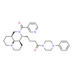 ChemSpider 2D Image | 1-(4-Phenyl-1-piperazinyl)-4-[(1R,3aS,10aR,10bS)-2-(3-pyridinylcarbonyl)decahydro-1H,4H-pyrido[3,2,1-ij][1,6]naphthyridin-1-yl]-1-butanone | C31H41N5O2