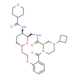 ChemSpider 2D Image | N-[(1R,5S,21S,24R)-7-Cyclobutyl-4,11-dioxo-18,25-dioxa-3,7,10-triazatetracyclo[19.3.1.0~5,10~.0~12,17~]pentacosa-12,14,16-trien-24-yl]tetrahydro-2H-pyran-4-carboxamide | C30H42N4O6