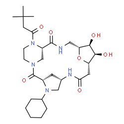 ChemSpider 2D Image | (3S,6S,10S,11R,12S,13R,17S)-4-Cyclohexyl-18-(3,3-dimethylbutanoyl)-11,12-dihydroxy-22-oxa-1,4,7,15,18-pentaazatetracyclo[15.3.1.1~3,6~.1~10,13~]tricosane-2,8,16-trione | C29H47N5O7