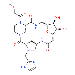 ChemSpider 2D Image | (3S,6S,10S,11R,12S,13R,17S)-11,12-Dihydroxy-4-(1H-imidazol-2-ylmethyl)-18-(methoxyacetyl)-22-oxa-1,4,7,15,18-pentaazatetracyclo[15.3.1.1~3,6~.1~10,13~]tricosane-2,8,16-trione | C24H35N7O8