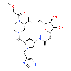 ChemSpider 2D Image | (3S,6S,10S,11R,12S,13R,17S)-11,12-Dihydroxy-4-(1H-imidazol-4-ylmethyl)-18-(methoxyacetyl)-22-oxa-1,4,7,15,18-pentaazatetracyclo[15.3.1.1~3,6~.1~10,13~]tricosane-2,8,16-trione | C24H35N7O8