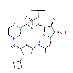 ChemSpider 2D Image | (3S,6S,10S,11R,12S,13R,17R)-4-Cyclobutyl-15-(3,3-dimethylbutanoyl)-11,12-dihydroxy-18,22-dioxa-1,4,7,15-tetraazatetracyclo[15.3.1.1~3,6~.1~10,13~]tricosane-2,8-dione | C27H44N4O7