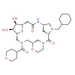 ChemSpider 2D Image | (3S,6S,10S,11R,12S,13R,17R)-4-(Cyclohexylmethyl)-11,12-dihydroxy-15-(tetrahydro-2H-pyran-4-ylcarbonyl)-18,22-dioxa-1,4,7,15-tetraazatetracyclo[15.3.1.1~3,6~.1~10,13~]tricosane-2,8-dione | C30H48N4O8