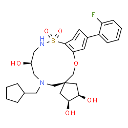 ChemSpider 2D Image | (3'R,4R,4'S,8s)-6-(Cyclopentylmethyl)-12-(2-fluorophenyl)-2,3,4,5,6,7-hexahydrospiro[10,1,2,6-benzoxathiadiazacyclododecine-8,1'-cyclopentane]-3',4,4'-triol 1,1-dioxide | C28H37FN2O6S