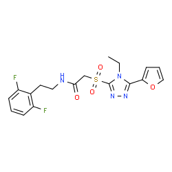 ChemSpider 2D Image | N-[2-(2,6-Difluorophenyl)ethyl]-2-{[4-ethyl-5-(2-furyl)-4H-1,2,4-triazol-3-yl]sulfonyl}acetamide | C18H18F2N4O4S