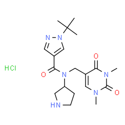ChemSpider 2D Image | N-[(1,3-Dimethyl-2,4-dioxo-1,2,3,4-tetrahydro-5-pyrimidinyl)methyl]-1-(2-methyl-2-propanyl)-N-(3-pyrrolidinyl)-1H-pyrazole-4-carboxamide hydrochloride (1:1) | C19H29ClN6O3