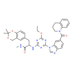 ChemSpider 2D Image | N~2~-{4-[6-(3,4-Dihydro-1(2H)-quinolinylcarbonyl)-1H-benzimidazol-1-yl]-6-ethoxy-1,3,5-triazin-2-yl}-3-(2,2-dimethyl-4H-1,3-benzodioxin-6-yl)-N-methylalaninamide | C36H38N8O5