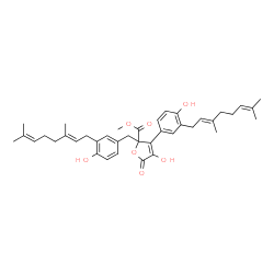ChemSpider 2D Image | Methyl 2-{3-[(2E)-3,7-dimethyl-2,6-octadien-1-yl]-4-hydroxybenzyl}-3-{3-[(2E)-3,7-dimethyl-2,6-octadien-1-yl]-4-hydroxyphenyl}-4-hydroxy-5-oxo-2,5-dihydro-2-furancarboxylate | C39H48O7