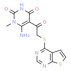ChemSpider 2D Image | 6-Amino-1-methyl-5-[(thieno[2,3-d]pyrimidin-4-ylsulfanyl)acetyl]-2,4(1H,3H)-pyrimidinedione | C13H11N5O3S2