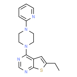 ChemSpider 2D Image | 6-Ethyl-4-[4-(2-pyridinyl)-1-piperazinyl]thieno[2,3-d]pyrimidine | C17H19N5S