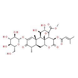 ChemSpider 2D Image | Methyl (11beta,12alpha,13xi,15beta)-2-(beta-D-glucopyranosyloxy)-11,12-dihydroxy-15-[(3-methyl-2-butenoyl)oxy]-3,16-dioxo-13,20-epoxypicras-1-en-21-oate | C32H42O16