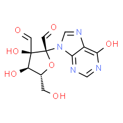 ChemSpider 2D Image | 3-C-Formyl-2-(6-hydroxy-9H-purin-9-yl)-beta-D-ribo-hexos-2-ulofuranosyl | C12H12N4O7