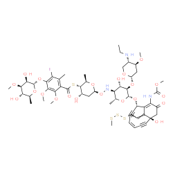 ChemSpider 2D Image | S-[(2R,3S,4S,6S)-6-[[(2R,3S,4S,5R,6R)-5-[(2S,4S,5S)-5-(ethylamino)-4-methoxy-tetrahydropyran-2-yl]oxy-4-hydroxy-6-[[(2S,5Z,9S,13E)-9-hydroxy-12-(methoxycarbonylamino)-13-[2-(methyltrisulfanyl)ethylidene]-11-oxo-2-bicyclo[7.3.1]trideca-1(12),5-dien-3,7-diynyl]oxy]-2-methyl-tetrahydropyran-3-yl]amino]oxy-4-hydroxy-2-methyl-tetrahydropyran-3-yl] 4-[(2S,3R,4R,5S,6S)-3,5-dihydroxy-4-methoxy-6-methyl-tetrahydropyran-2-yl]oxy-5-iodo-2,3-dimethoxy-6-methyl-benzenecarbothioate | C55H74IN3O21S4
