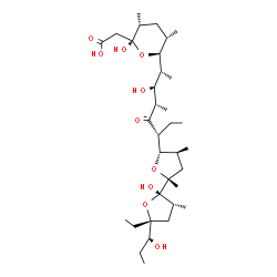 ChemSpider 2D Image | {(2S,3R,5S,6S)-6-[(2R,3S,4S,6R)-6-{(2R,2'S,3'R,4S,5S,5'R)-5'-Ethyl-2'-hydroxy-5'-[(1S)-1-hydroxypropyl]-2,3',4-trimethyloctahydro-2,2'-bifuran-5-yl}-3-hydroxy-4-methyl-5-oxo-2-octanyl]-2-hydroxy-3,5-d
imethyltetrahydro-2H-pyran-2-yl}acetic acid | C34H60O10