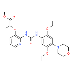 ChemSpider 2D Image | Methyl 2-{[2-({[2,5-diethoxy-4-(4-morpholinyl)phenyl]carbamoyl}amino)-3-pyridinyl]oxy}propanoate | C24H32N4O7
