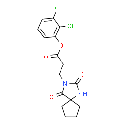 ChemSpider 2D Image | 2,3-Dichlorophenyl 3-(2,4-dioxo-1,3-diazaspiro[4.4]non-3-yl)propanoate | C16H16Cl2N2O4