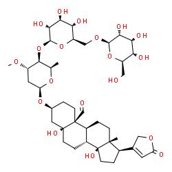 ChemSpider 2D Image | (3beta,5beta)-3-{[beta-D-Glucopyranosyl-(1->6)-beta-D-glucopyranosyl-(1->4)-2,6-dideoxy-3-O-methyl-beta-D-xylo-hexopyranosyl]oxy}-5,14-dihydroxy-19-oxocard-20(22)-enolide | C42H64O19