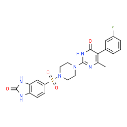ChemSpider 2D Image | 5-({4-[5-(3-Fluorophenyl)-4-methyl-6-oxo-1,6-dihydro-2-pyrimidinyl]-1-piperazinyl}sulfonyl)-1,3-dihydro-2H-benzimidazol-2-one | C22H21FN6O4S