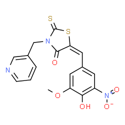 ChemSpider 2D Image | (5E)-5-(4-Hydroxy-3-methoxy-5-nitrobenzylidene)-3-(3-pyridinylmethyl)-2-thioxo-1,3-thiazolidin-4-one | C17H13N3O5S2