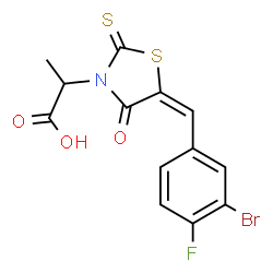 ChemSpider 2D Image | 2-[(5E)-5-(3-Bromo-4-fluorobenzylidene)-4-oxo-2-thioxo-1,3-thiazolidin-3-yl]propanoic acid | C13H9BrFNO3S2