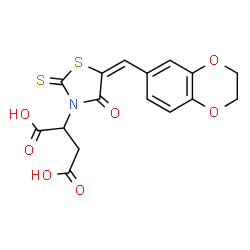 ChemSpider 2D Image | 2-[(5E)-5-(2,3-Dihydro-1,4-benzodioxin-6-ylmethylene)-4-oxo-2-thioxo-1,3-thiazolidin-3-yl]succinic acid | C16H13NO7S2
