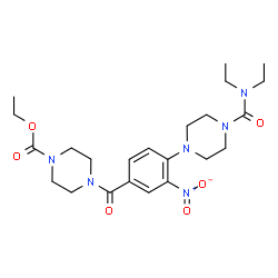 ChemSpider 2D Image | Ethyl 4-{4-[4-(diethylcarbamoyl)-1-piperazinyl]-3-nitrobenzoyl}-1-piperazinecarboxylate | C23H34N6O6