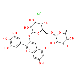 ChemSpider 2D Image | 5,7-Dihydroxy-2-(3,4,5-trihydroxyphenyl)-3-chromeniumyl 6-O-(6-deoxy-alpha-L-mannopyranosyl)-D-glucopyranoside chloride | C27H31ClO16