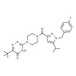 ChemSpider 2D Image | 3-(4-{[1-(4-Fluorobenzyl)-5-isopropyl-1H-pyrazol-3-yl]carbonyl}-1-piperazinyl)-6-(2-methyl-2-propanyl)-1,2,4-triazin-5(4H)-one | C25H32FN7O2