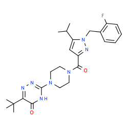 ChemSpider 2D Image | 3-(4-{[1-(2-Fluorobenzyl)-5-isopropyl-1H-pyrazol-3-yl]carbonyl}-1-piperazinyl)-6-(2-methyl-2-propanyl)-1,2,4-triazin-5(4H)-one | C25H32FN7O2